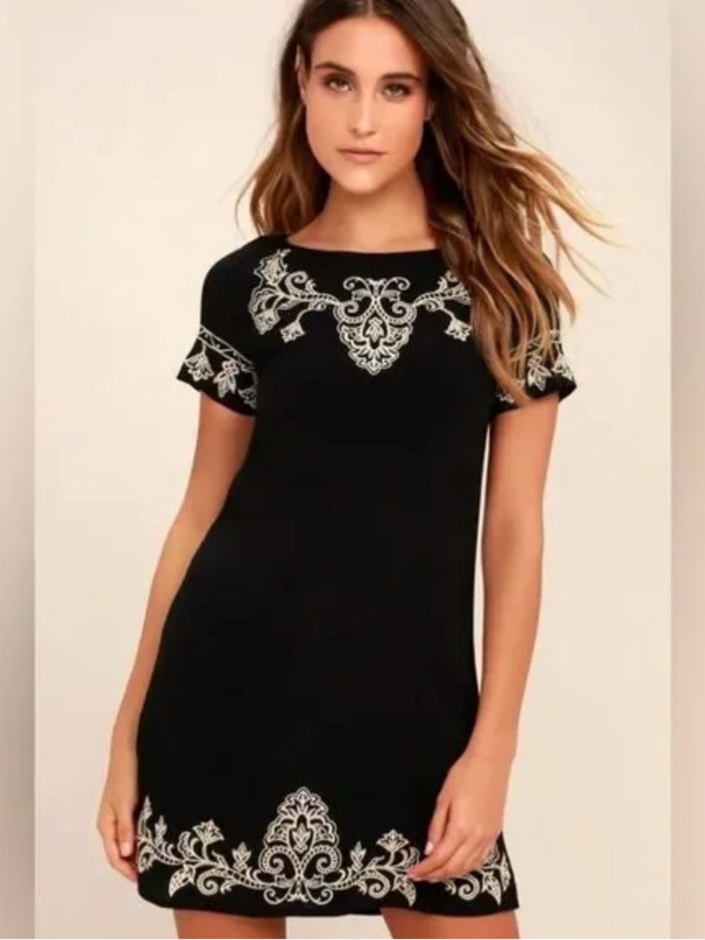 Lulus Tale to Tell Beige and Black Embroidered Shift Dress